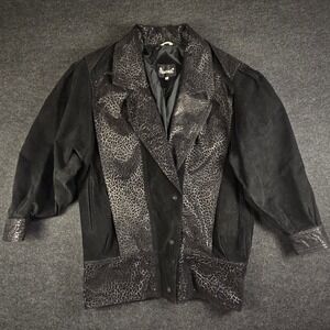 Vtg 80s Avanti Women's Black Leather Crocodile Print Oversized Jacket Size S